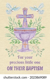 Vector beige baby baptism card. Textured template with cross, baptismal bowl, flying doves and lettering