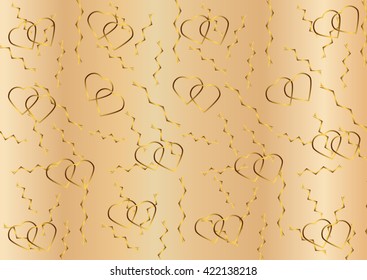 Vector beige background with a pattern of ornament gold hearts.