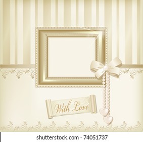 Vector beige background with photo frames, ribbon and pearls