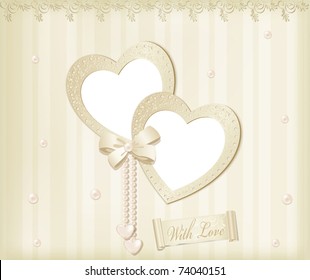 Vector beige background with photo frames-hearts, ribbon and pearls