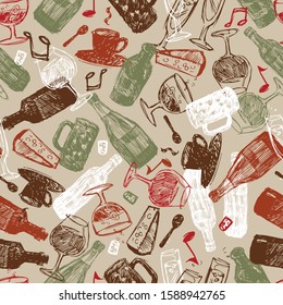 Vector beige baritalia colorful sketch illustration seamless pattern with chaotic arrangement of bottles, glasses and cups. Perfect for fabric and restaurant beverages menu.