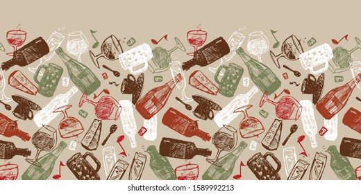 Vector beige baritalia colorful sketch illustration horizontal border pattern with chaotic arrangement of bottles, glasses and cups. Perfect for fabric and restaurant beverages menu.