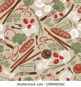 Vector beige baritalia colourful sketch illustration seamless pattern with vegetables and bread. Perfect for fabric, wallpaper and restaurant menu.