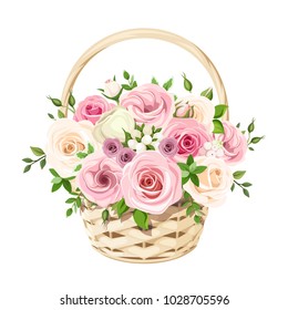 Vector beige basket with pink and white roses isolated on a white background.