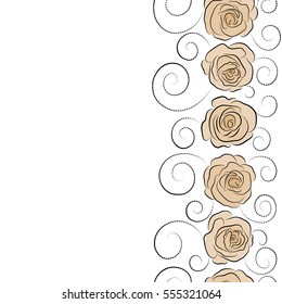 Vector beige and black rose flowers vertical seamless pattern with copy space (place for your text).