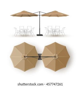 Vector Beige Blank Patio Double Outdoor Beach Cafe Bar Pub Lounge Restaurant Round Umbrella Parasol For Branding Top Side View Mock Up Close Isolated On White Background