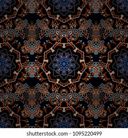 Vector beige, blue and orange snowflakes on black background. Abstract minimal seamless pattern background.