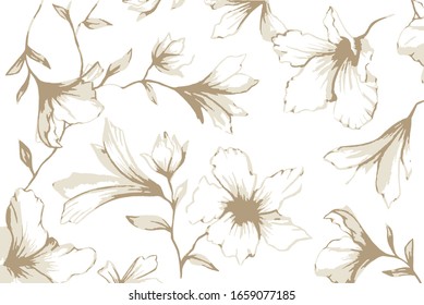 Vector beige, brawn flowers with leaves on an white isolated background. In style minimal.  Use as a postcard, in graphic design, product packaging, branding, wedding invitation, cloth textile. 