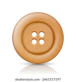 Vector Beige or Brown Color Wooden Four Hole Clothes Button Closeup, Isolated on White Background with Reflection. Round Button, Front View