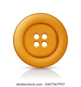 Vector Beige or Brown Color Wooden Four Hole Clothes Button Closeup, Isolated on White Background with Reflection. Round Button, Front View