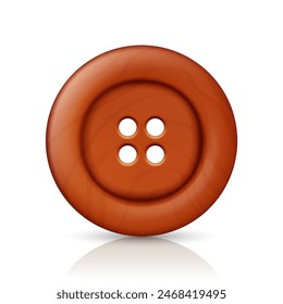 Vector Beige or Brown Color Wooden Four Hole Clothes Button Closeup, Isolated on White Background with Reflection. Round Button, Front View