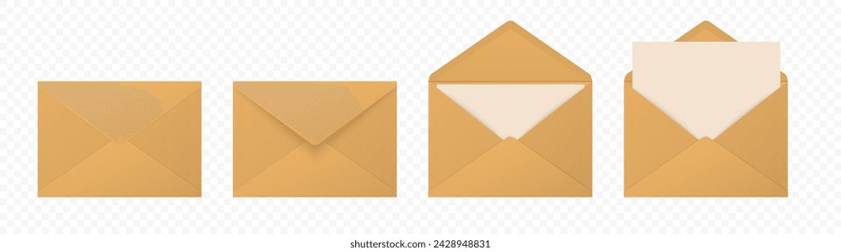 Vector Beige or Brown Envelopes with Blank Letter. Folded, Unfolded Isolated Envelope Set. Design Template. Message, Notification, Mailing, Surprise and Congratulations Concept