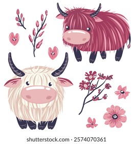 Vector beige bull, yak, cherry cow, pink flowers, heart, branches, floral characters simple interesting set, bright colors, charming joyful minimal universal decorative rustic countryside, vibrant uni