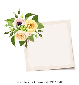 Vector beige card with pink, orange and yellow roses, lisianthus and anemone flowers and green leaves. 