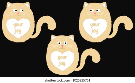 Vector Beige Cat in Cartoon Style. Funny Illustration of Sitting Beige Kitten with White Heart-spot and with Inscription Your Joy. Cute Thick Cat