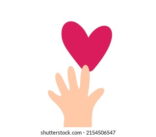 Vector Beige child hand takes red heart logo icon. Encourage donate. Concept idea of donation and help. Stop war in Ukraine.