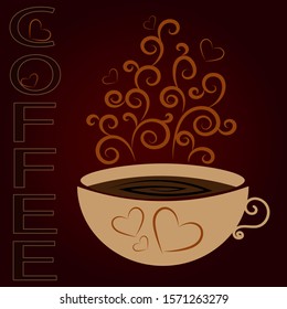 Vector with beige cup of coffee on a brown background.