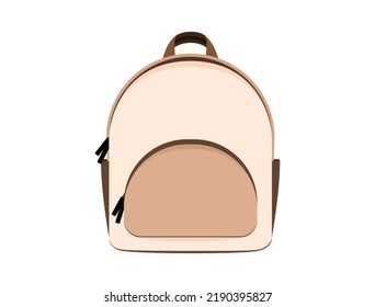 Vector beige fashionable backpack isolated on white background. Small woman bag with straps, front view. Flat cute girls accessories. Trip female handle baggage. Back to school, college, university 
