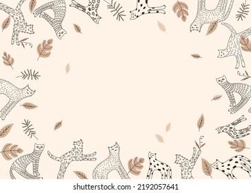 Vector beige frame of funny cats and flying leaves.
