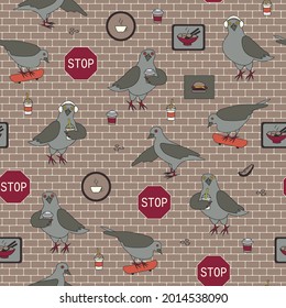Palomas vectoriales beige graciosas en una pared de ladrillo sin fisuras. Ideal para los amantes de la vida urbana y del pichón. Perfecto para tejidos, papel pintado, reserva de rayas y papelería.