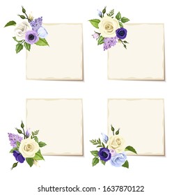 Vector beige greeting cards with blue, purple and white roses, lisianthuses, anemones, lilac flowers and green leaves on a white background.