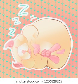 Vector beige hamster is sleeping on the background of green hearts. The color range and style are typical for Asian designs.