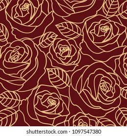 Vector beige outline roses on the burgundy background. Floral design for greeting card or wedding invitations