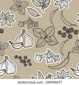 Vector beige pattern with organic plants, herbs, spices and vegetables.