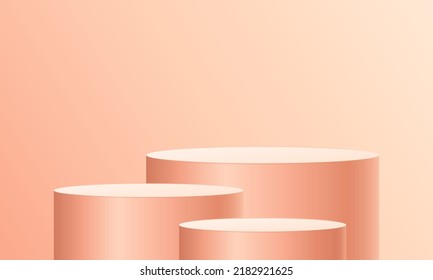 Vector beige product podium mockup. 3 column stairs. Copy space pedestal template. Soft minimalism style scene. Pastel cylinder stage