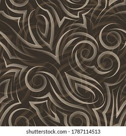 Vector beige seamless pattern drawn with a pen or liner for decoration on a brown background.Smooth uneven lines in the form of spirals of corners and loops