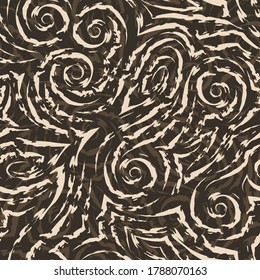 Vector beige seamless pattern drawn with a brush for decor on a brown background.Smooth lines with torn edges in the form of spirals of corners and loops