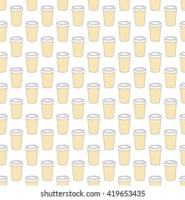 Vector beige simple background with a take-out plastic cups of coffee or tea. Textile fabric pattern