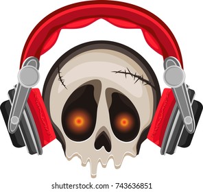 Vector beige skull with glowing eyes in green big headphones. On a transparent background. For your design