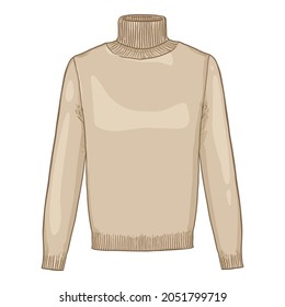 Vector Beige Turtleneck Sweater. Men Casual Clothing Cartoon Illustration