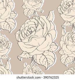 Vector Beige Vintage Roses Fabric Retro Repeating Seamless Pattern Hand Drawn In Botanical Style.
