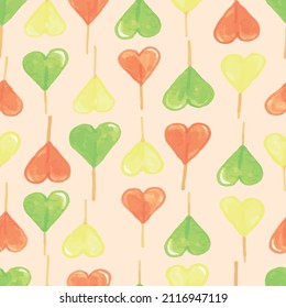 Vector beige watercolour heart lollipop geometric texture seamless pattern background. Ideal for Valentine, wedding, invitations and expressing love. Perfect for fabric, wallpaper, scrapbooking and