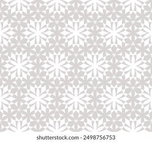 Vector beige and white geometric seamless pattern. Abstract minimal background with small flower silhouettes, mosaic texture. Elegant textured ornament. Repeated geo design for print, decor, textile