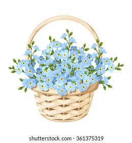 Vector beige wicker basket with blue forget-me-not flowers.