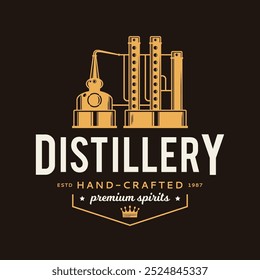 Vector beige and yellow vintage distillery logo isolated on a dark background