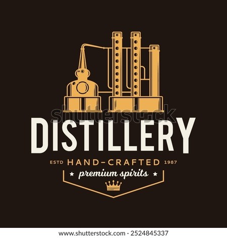 Vector beige and yellow vintage distillery logo isolated on a dark background
