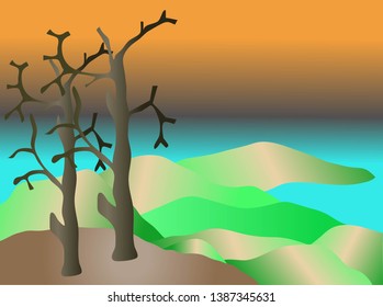 vector bekground which shows views of the sea, mountains, sky, trees that have fallen, and are beautifully designed simply.