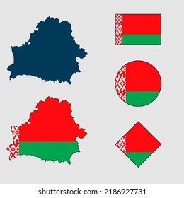 Vector of Belarus country outline silhouette with flag set isolated on white background. Collection of Belarus flag icons with square, circle, rectangle and map shapes.