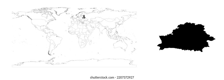 Vector Belarus map showing country location on world map and solid map for Belarus on white background. File is suitable for digital editing and prints of all sizes.
