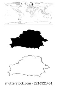Mapa vectorial de Bielorrusia, mapa de Bielorrusia que muestra la ubicación del país en el mundo con mapas sólidos y esquemáticos para Bielorrusia sobre fondo blanco. El archivo es adecuado para la edición digital y las impresiones de todos los tamaños.