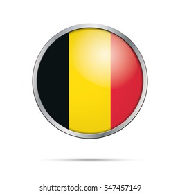 Vector Belgian flag Button. Belgium flag glass button style with metal frame.