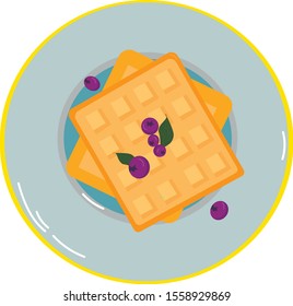 vector belgian waffles on plate with  blueberries isolated on white background. breakfast homemade waffle with blueberry  sweet dessert food. top view,