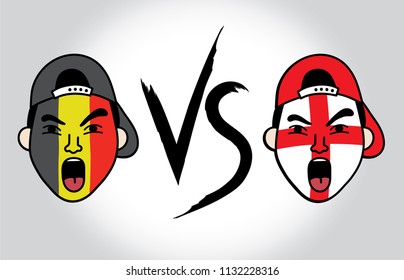 vector Belgium and England football fans , face paint and cheer.