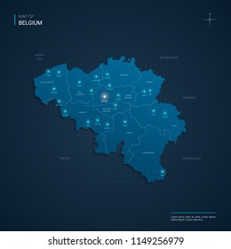 Vector Belgium map illustration with blue neon lightpoints - triangle on dark blue gradient background. Administrative divisions, cities, borders, capital. Neon tech background with glow. 