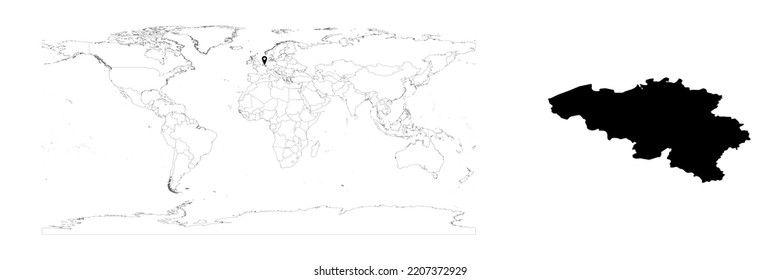 Vector Belgium-Karte mit Länderpositionen auf der Weltkarte und einer Karte für Belgien auf weißem Hintergrund. Die Datei eignet sich für die digitale Bearbeitung und Drucke aller Größen.