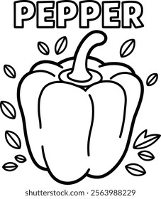 Vector of bell pepper illustration coloring page for kids - Pepper coloring book with coloring example for kids. Coloring page with pepper. Black and white and color version.